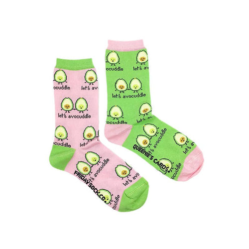 Pink and Green Socks with adorable avocado characters with smiling faces and holding hands with the words 