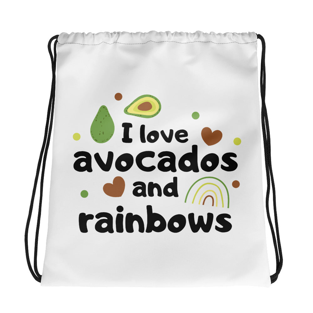I Love Avocados and Rainbows Drawstring Bag